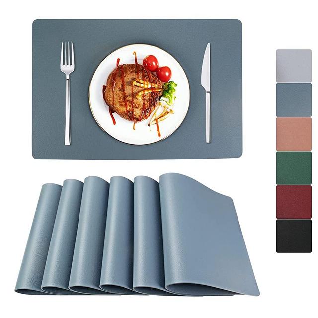 Placemats, BETEAM, Placemats Set of 6, Vinyl Faux Leather Placemats, Heat Resistant, 100% Leak-Proof, Washable (Grey Blue)