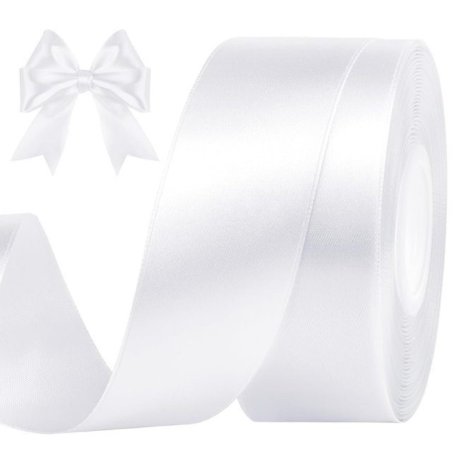 CLUEWR 1-1/2 Inches 50 Yards White Satin Ribbon, Solid Fabric Ribbon Roll for Flower Bouquets, Gift Wrapping, Wedding, Handmade Crafts