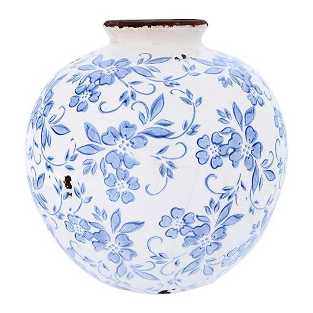 Creative Co-Op DF2720 8" H Terracotta Floral Transferware Pattern & Crackle Finish Vase, Blue