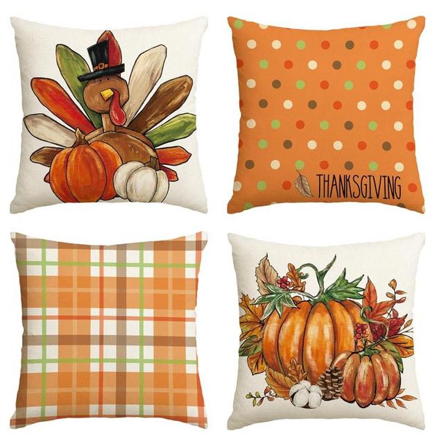 AVOIN colorlife Thanksgiving Turkey Pumpkin Throw Pillow Covers, 18 x 18 Inch Give Thanks Cushion Case for Sofa Couch Set of 4