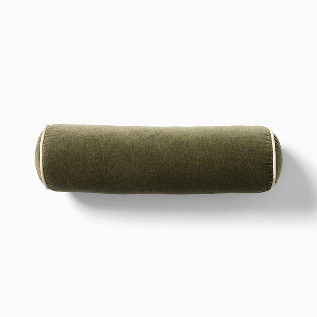 Cotton Velvet Bolster Pillow, 6x20, Dark Olive