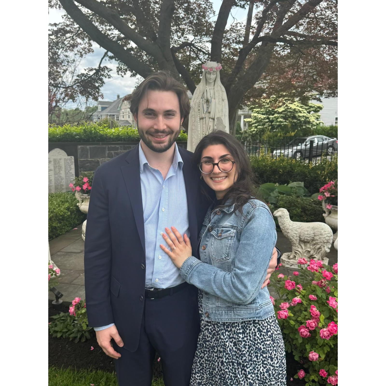 Our engagement! 6/1/2025 by the statue of Our Lady at St Rocco's