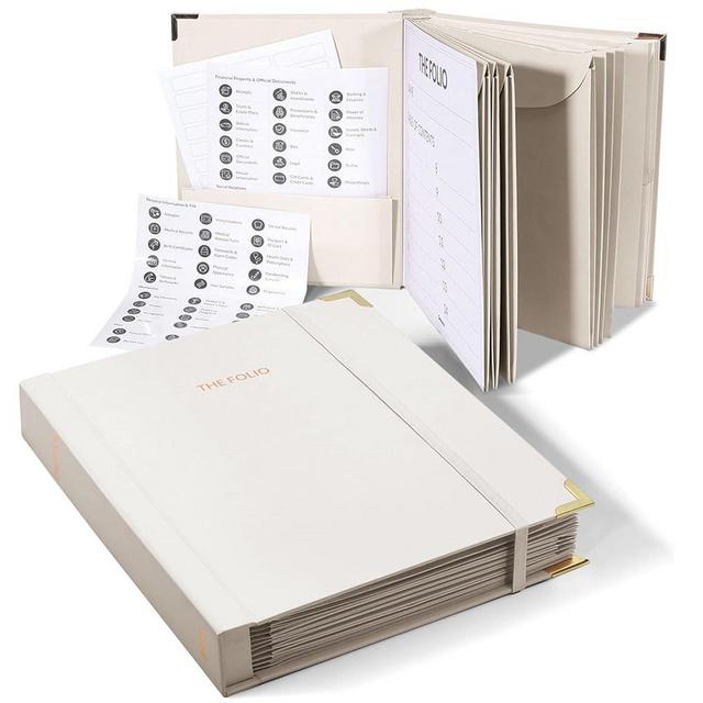 The Folio Document Organizer,Important Document Organizer| Extra Thick Paper,Hard Cardboard Cover,Durable Binder for Office and Home,Birth Certificates, (Light Beige)