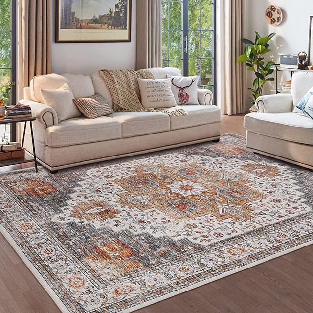Area Rugs for Living Room: 9x12 Rug for Bedroom Machine Washable with Non Slip Backing Non Shedding, Boho Medallion Floral Large Carpet for Dining Room Nursery Home Office Indoor Decor Grey/Gold