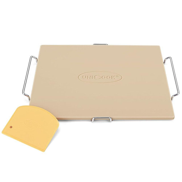 Unicook Pizza Stone for Oven and Grill, 15 x 12 Inch Rectangular Baking Stone for Bread, Cordierite Pizza Pan for Baking Crispy Bread, Pie and Cookies, Includes Carry Rack and Dough Scraper