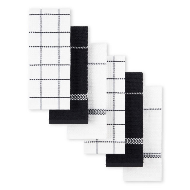 MARTHA STEWART Modern Waffle Kitchen Towel Set 6-Pack, Black, 16"x28"