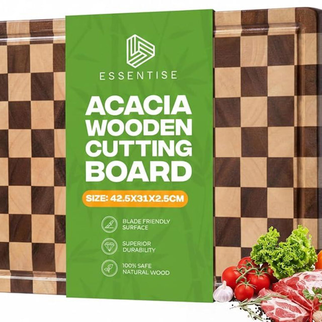 Essentise 100% Organic Acacia Wood Cutting Board 16.5" x 11.6" – Large Checkered Wooden Cutting Board for Kitchen, End Grain Butcher Block with Deep Juice Groove, Built-In Handle & Non-Slip Pads