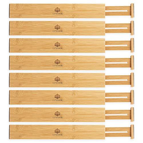 LUXVIOR 8 Units Expandable Bamboo Drawer Dividers- Adjustable Drawer Organizer Storage Multipurpose Drawers for Clothes,Bathroom,Office,Dresser,Kitchen Drawer Organizer,Size 17½"L- 22" inches,Brown