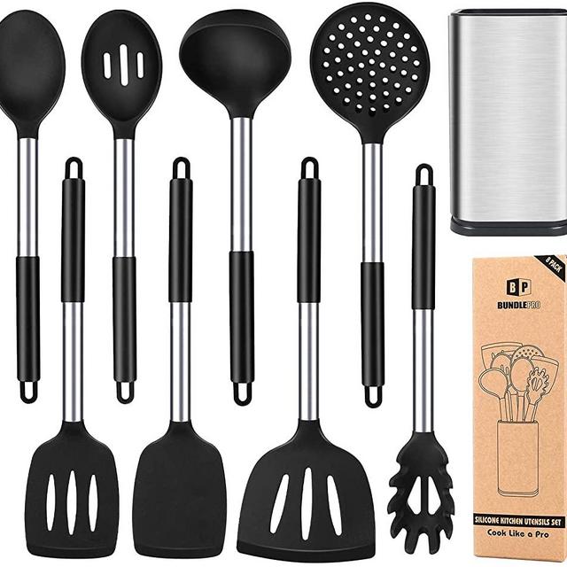 Silicone Cooking Utensil Set, 8Pcs Non-stick Cookware with Stainless Steel Handle, BPA Free Heat Resistant Kitchen Tools with Spatulas, Turners, Spoons, Skimmer and Pasta Fork