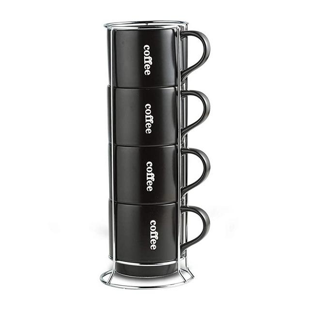 Stackable Coffee Mug Set with Cup Holder - 15 Ounce for Coffee, Tea, Cocoa, Milk, Set of 4 Black Matte,Black…