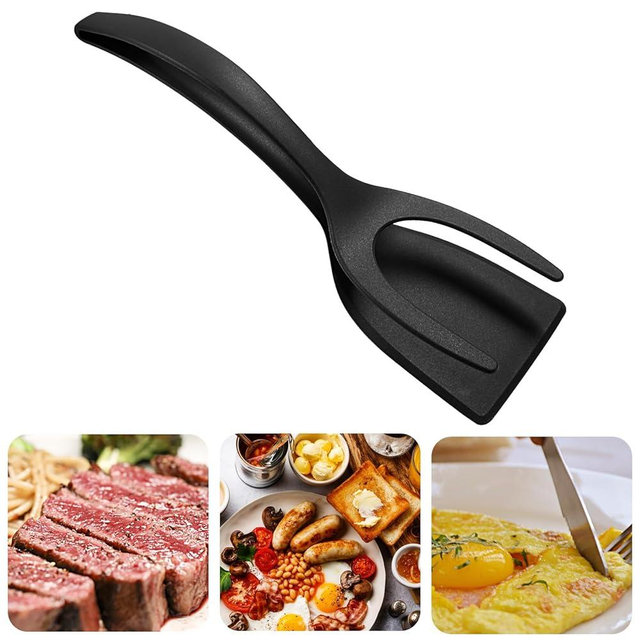 Waziaqoc 2 in 1 Grip and Flip Spatula Tongs, Multi-purpose Fried Egg Double Spatula, Non-Stick Toast Omelet Making Kitchen Shovel for Flipper Egg Tong Pancake Fish French, Black