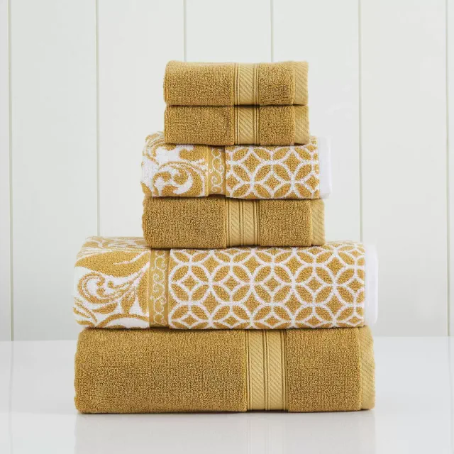 Modern Threads Reversible Yarn Dyed Jacquard 6 Piece Towel Set, Trefoil Filigree, Gold