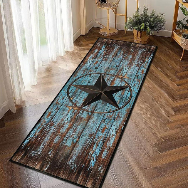 Western Runner Rug 2x6,Rustic Barn Texas Star on Old Wooden Plank,Ultra-Thin Throw Carpet Washable Kitchen Runners Teal Hallway Rug Entrance Door Mat Non Slip Accent Area Rugs for Entryway Laundry