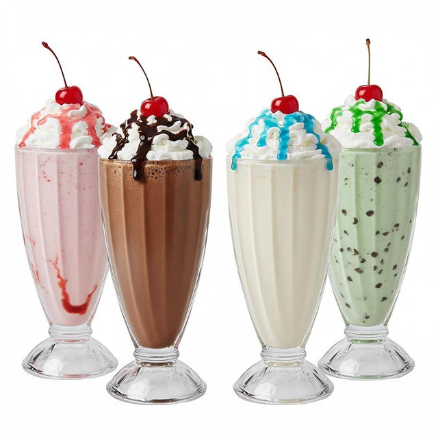 OVENTE Milkshake Glasses Set of 4, 12.5 Oz Old Fashioned Soda Glass, Fountain Classic Footed Ice Cream Cups for Strawberry Shake, Smoothies, Sundae, Root Beer Float or Tropical Drinks, Clear GM22040