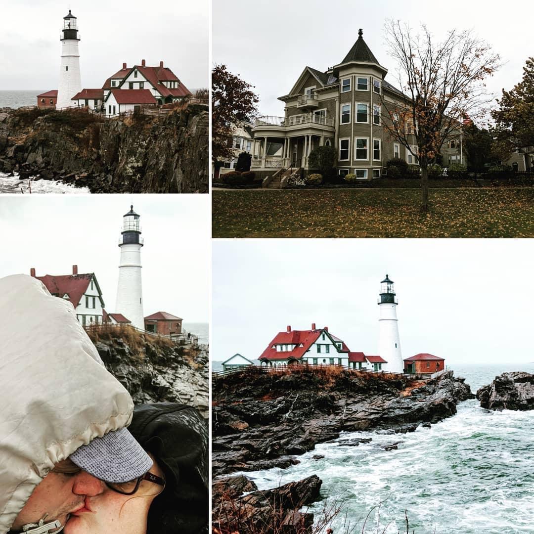 Kissing while fighting the elements at the Cape Elizabeth Lighthouse in Maine.