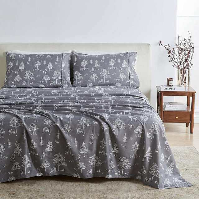 Queen Size Microfiber Sheet Set - Lodge Decor 4-Piece Bed Sheets - Ultra-Soft and Smooth Brushed Microfiber Woodland Decor Bedding (Queen, Wild Acres - Grey)