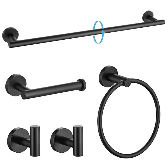 TURS Matte Black Bathroom Hardware Set 5 Piece, SUS304 Stainless Steel Bath Towel Bar Set, 24 Inch Bathroom Accessories Kit Wall Mounted