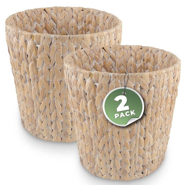 84ECO 2-Pack Wicker Trash Can for Bathroom - Wicker Waste Basket for Bedroom, Office - Rattan Trash Can - Decorative Waste Basket (White, 3 Gallons)
