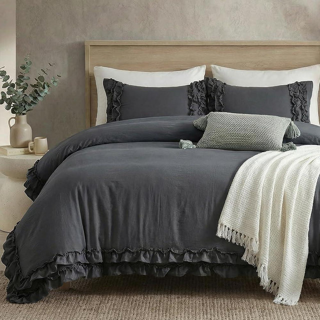 Dark Grey Ruffled Duvet Cover Queen Boho Bedding Set Gary Ruffle Fringe Shabby Chic Bedding Super Soft Cozy Farmhouse Duvet Cover Set for All Season
