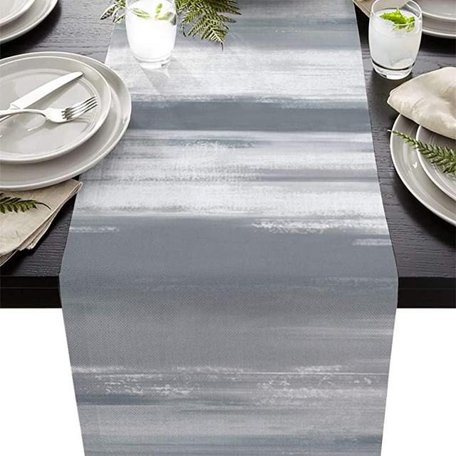 Flowraler 90 inches Long Linen Burlap Table Runner for Dining Room, Grey White Texture, Runners Dresser Scarves for Farmhouse Kitchen Wedding Holiday Parties Decor, Abstract Gray