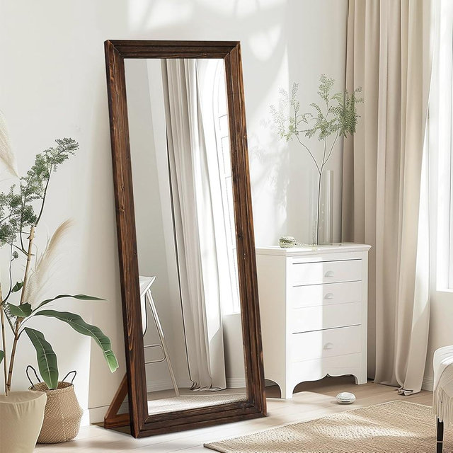 YLYHSST 65"x22" Full Length Mirror Solid Wood Frame Floor Mirror with Stand for Living Room, Bedroom Hanging Standing or Leaning, Brown