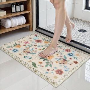 Uphome Boho Bathroom Rugs Beige Floral Bathroom Mat, Modern Shaggy Soft Non-Slip Toilet Rug, Machine Washable Farmhouse Flower Shower Rug for Bathtub Sink Vanity, 20x32 inch