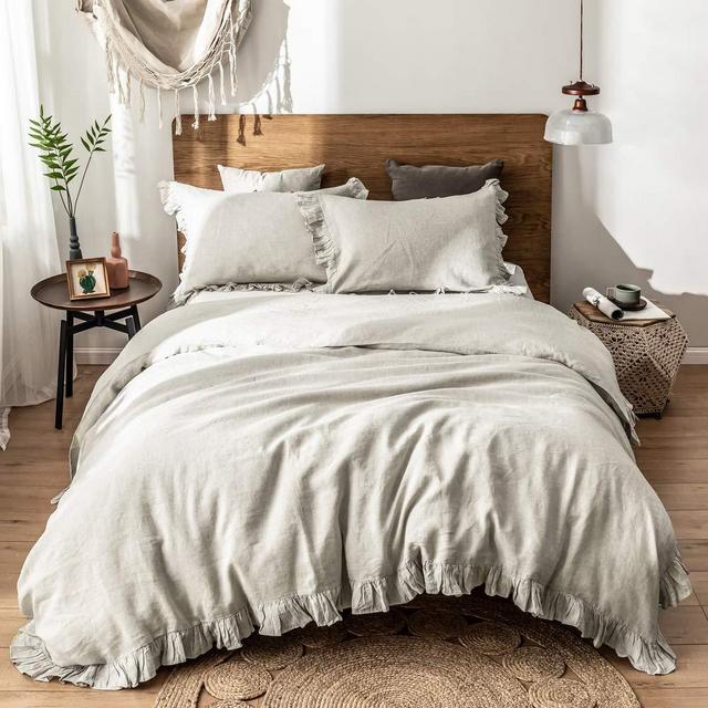 Simple&Opulence 100%Washed Linen Duvet Cover Set-King Size-3 Pieces Premium Shabby Chic Ruffled Bedding with 1 Comforter Cover(104"x92") and 2 Pillow Shams France Farmhouse Vintage Style,Natural Linen