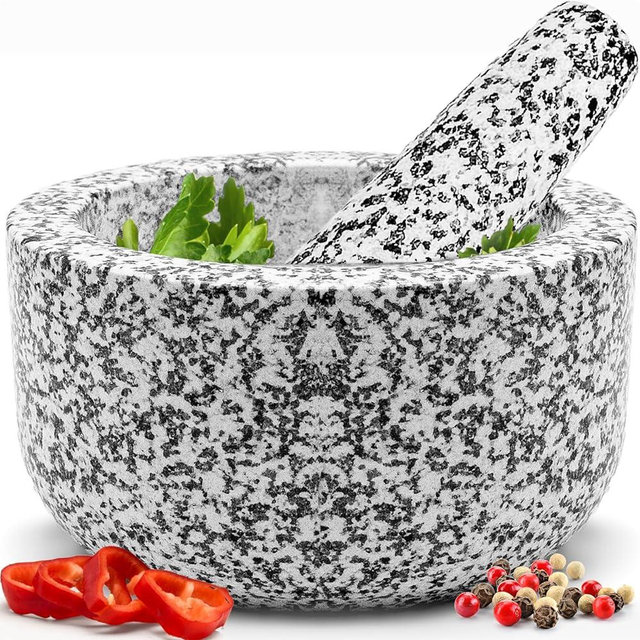 Heavy Duty Natural Granite Mortar and Pestle Set, Hand Carved, Make Fresh Guacamole, Salsa, Pesto, Stone Grinder Bowl, Herb Crusher, Spice Grinder, 4 Cup, White