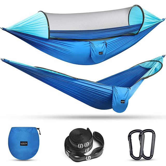 G4Free Large Camping Hammock with Mosquito Net 2 Person Pop-up Parachute Lightweight Hanging Hammocks Tree Straps Swing Hammock Bed for Outdoor Backpacking Backyard Hiking