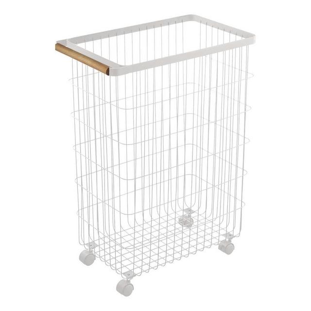 Yamazaki Home Tosca Rolling Wire Laundry Basket, Steel & Wood
