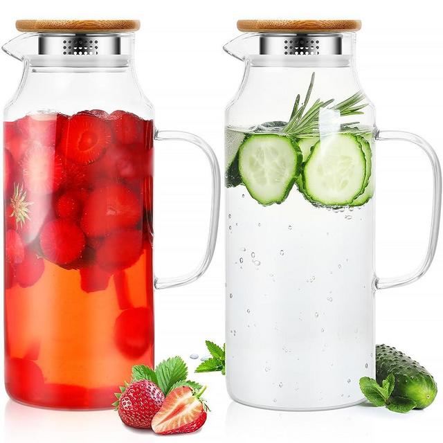 2 Pcs Glass Pitcher Water Pitcher with Lid Hot Cold Water Pitcher Bedside Water Carafe with Handle Heat Resistant Borosilicate Glass Jug for Fridge Beverage Carafe (68 oz,Stainless Steel, Bamboo)