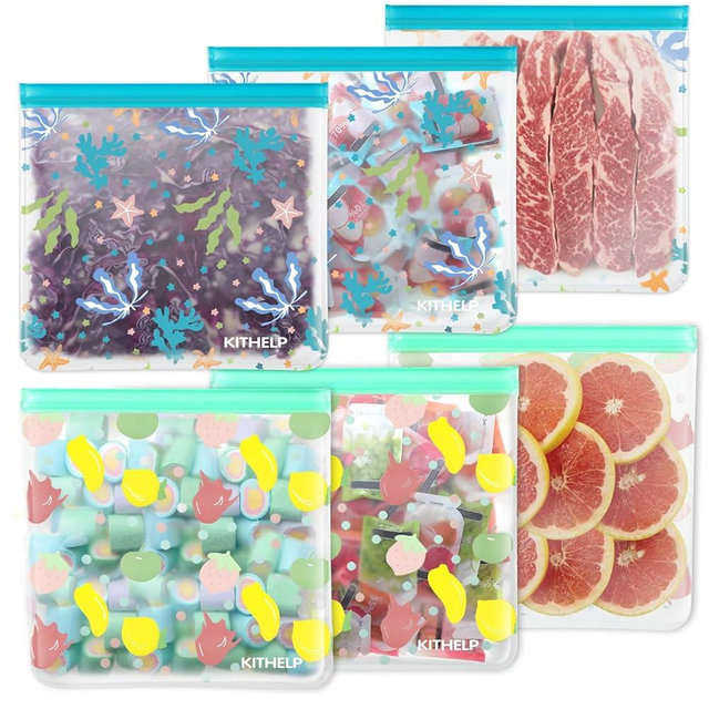 KITHELP Reusable Gallon bags 6 PACK Extra Large Reusable Freezer Bags BPA Free Leakproof Plastic Bags Reusable Food Storage Bags Silicone Kids Snack Bags Reusable Ziplock Bags for Meal Prep, Travel