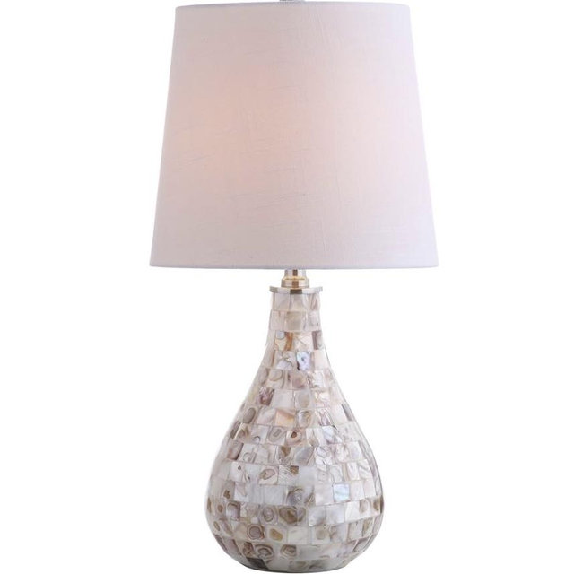 JONATHAN Y 20.5" Seashell Coastal Mini LED Table Lamp for Living Room Office, White Linen Drum Shade, Modern Mother of Pearl Bedside Nightstand Lamp, LED Bulb Included JYL1024A