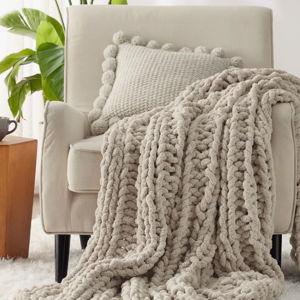 Essential Bedsure 100% Hand Knit Chenille Chunky Throw Blanket For Couch - Linen Beige