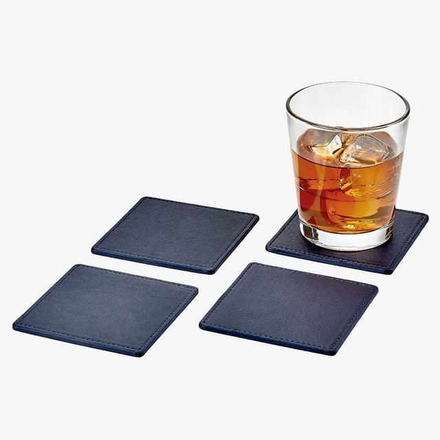 French Handcrafted Leather Square Coasters, Set of 4 - Navy