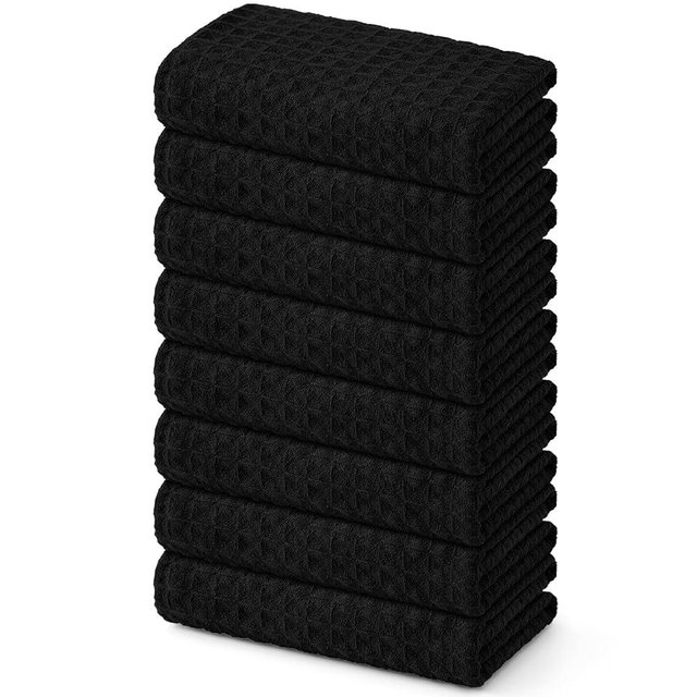 Homaxy Microfiber Waffle Weave Kitchen Towels, 16 x 28 Inch Ultra Absorbent and Solid Color Dish Towels, 8 Pack, Black