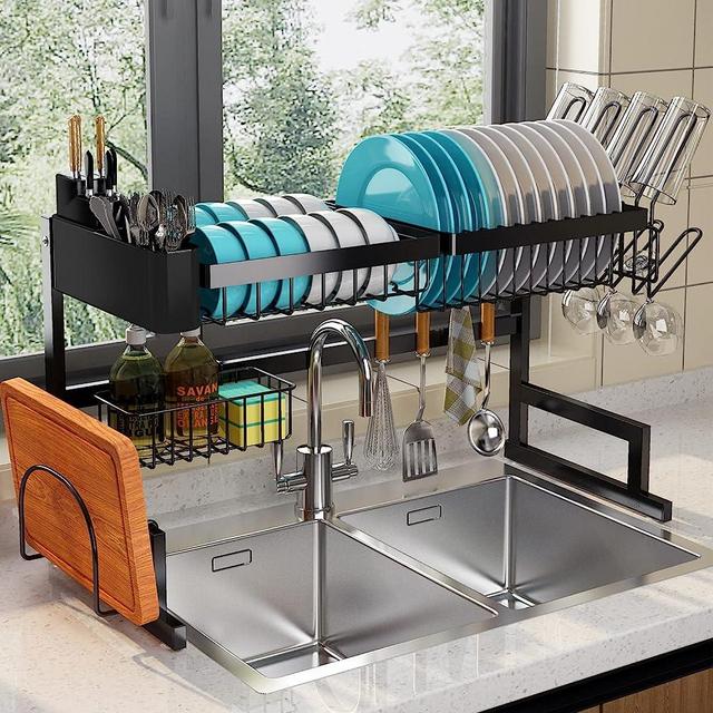 ilvvan Over The Sink Dish Drying Rack (Fit Sink 24"- 35.5" L ，Expandable Height and Length) Snap-On Design 2 Tier Large Dish Rack Stainless Steel Kitchen Count Organization and Storage