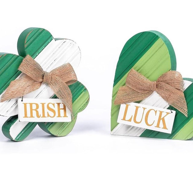 Valery Madelyn Spring Decorations for Home, St Patrick's Day Decorations for Table, 2 Pcs Wooden Shamrock Decor, Table Centerpieces for Home Office Shelf Tiered Tray with Heart Clover, 4 Inch