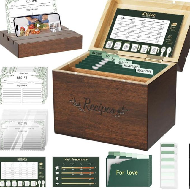 Wooden Recipe Box Set-Vintage Pine Recipe Box includes 100 Recipe Card 4x6 with Protectors,12 L-Dividers Pocket,24 Divider Tabs and 1 Pen, Recipe Card Holder Organizer to Write In Your Recipes