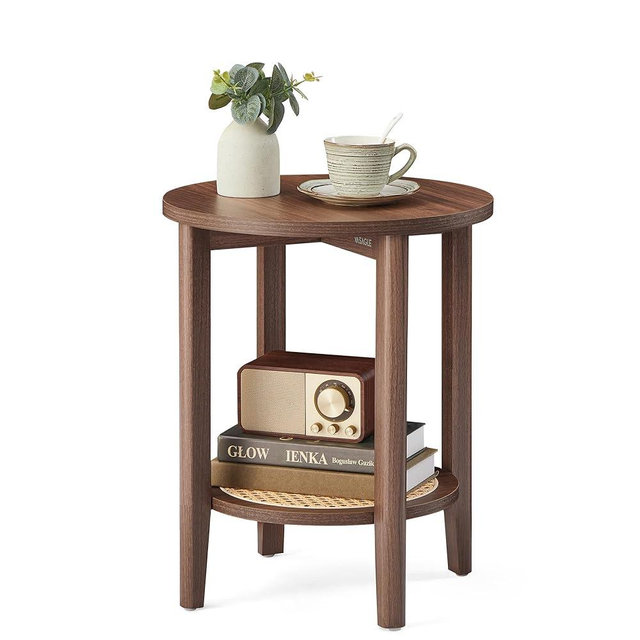 VASAGLE Round Side End Table, 2-Tier Boho Bedside Table with Rattan-Look Storage Shelf, Nightstand for Small Spaces, for Living Room, Bedroom, Home Office, Black Walnut ULET296K01