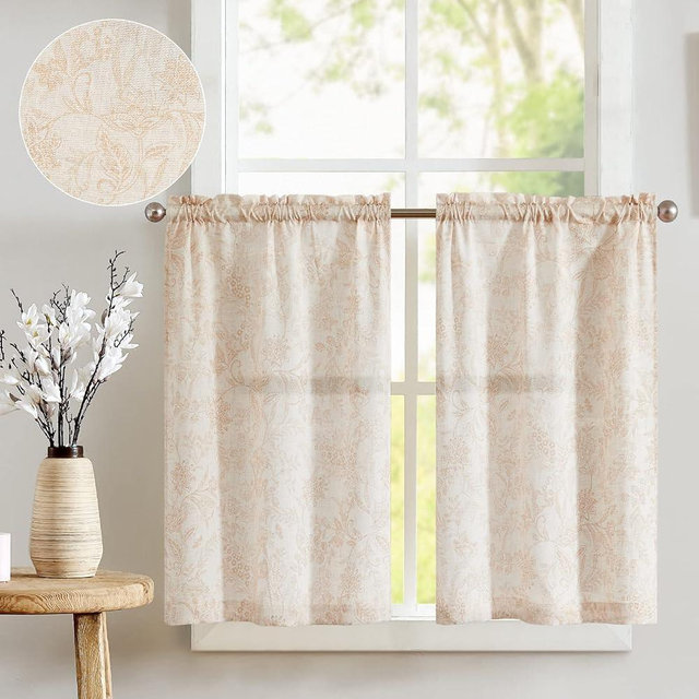 jinchan Floral Kitchen Curtains for Windows 36 Inch Linen Tier Farmhouse Cafe Curtains Country Botanic Small Window Rod Pocket Rustic Flax for Laundry Bathroom RV 2 Panels Taupe on Beige