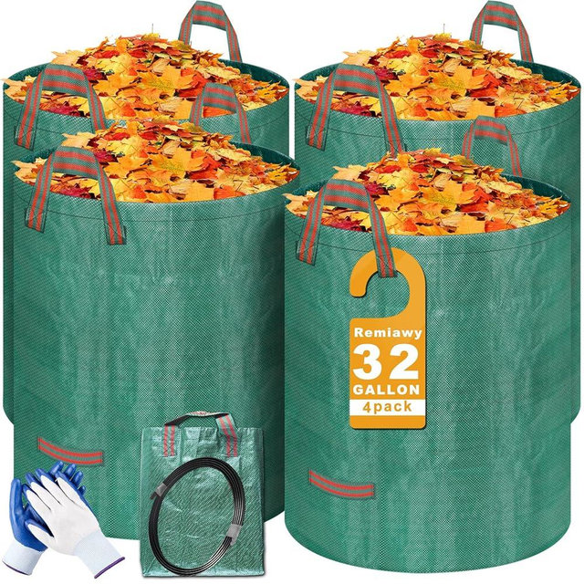 Remiawy Reusable Yard Waste Bags, 4 Packs 32 Gallons Lawn and Leaf Garden Bags Heavy Duty with 4 Handles, Collapsible Yard Waste Containers Camping Yard Recycling Bin for Debris Leaves Grass Clippings