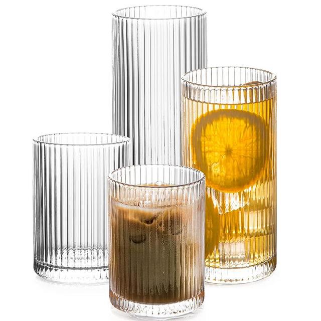 Drinking Glasses with Origami Style Set of 4pcs Glass Cups,2 Highball Glasses & 2 Rocks Glasses,Elegant Ripple Vintage Glassware,Iced Coffee Glasses,Ideal for Cocktail, Whiskey, Beer, Juice, Water