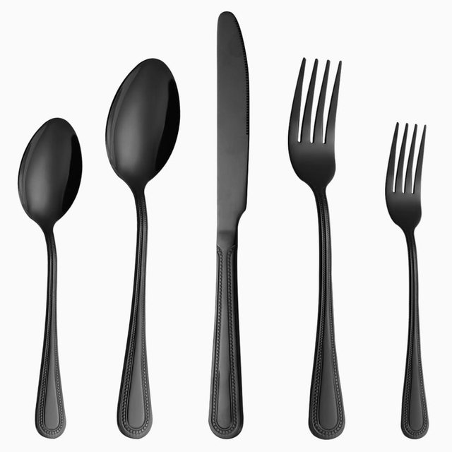 40 Pcs Black Silverware Set for 8 with Pearled Edge Handle design, Food Grade Stainless Steel Flatware Set, Eating Utensils Sets Include Fork/Knife/Spoon, Reusable Cutlery Set, Dishwasher Safe