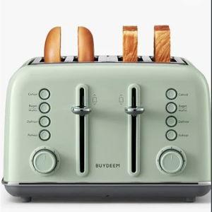 BUYDEEM DT640 4-Slice Toaster, Extra Wide Slots, Retro Stainless Steel with High Lift Lever, Bagel and Muffin Function, Removal Crumb Tray, 7-Shade Settings,Cozy Greenish