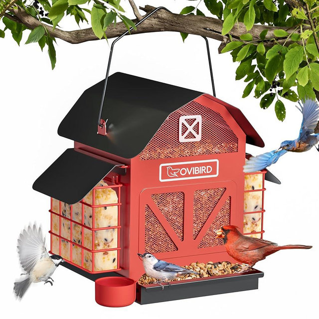 Bird Feeders for Outdoors Hanging, 5LBS Large Bird Feeder with 2 Suet Cage, Red Barn Metal Birds Feeder for Outside, Weather Resistant Cardinal Feeders, ldeal Birds Watching Gifts (Red)