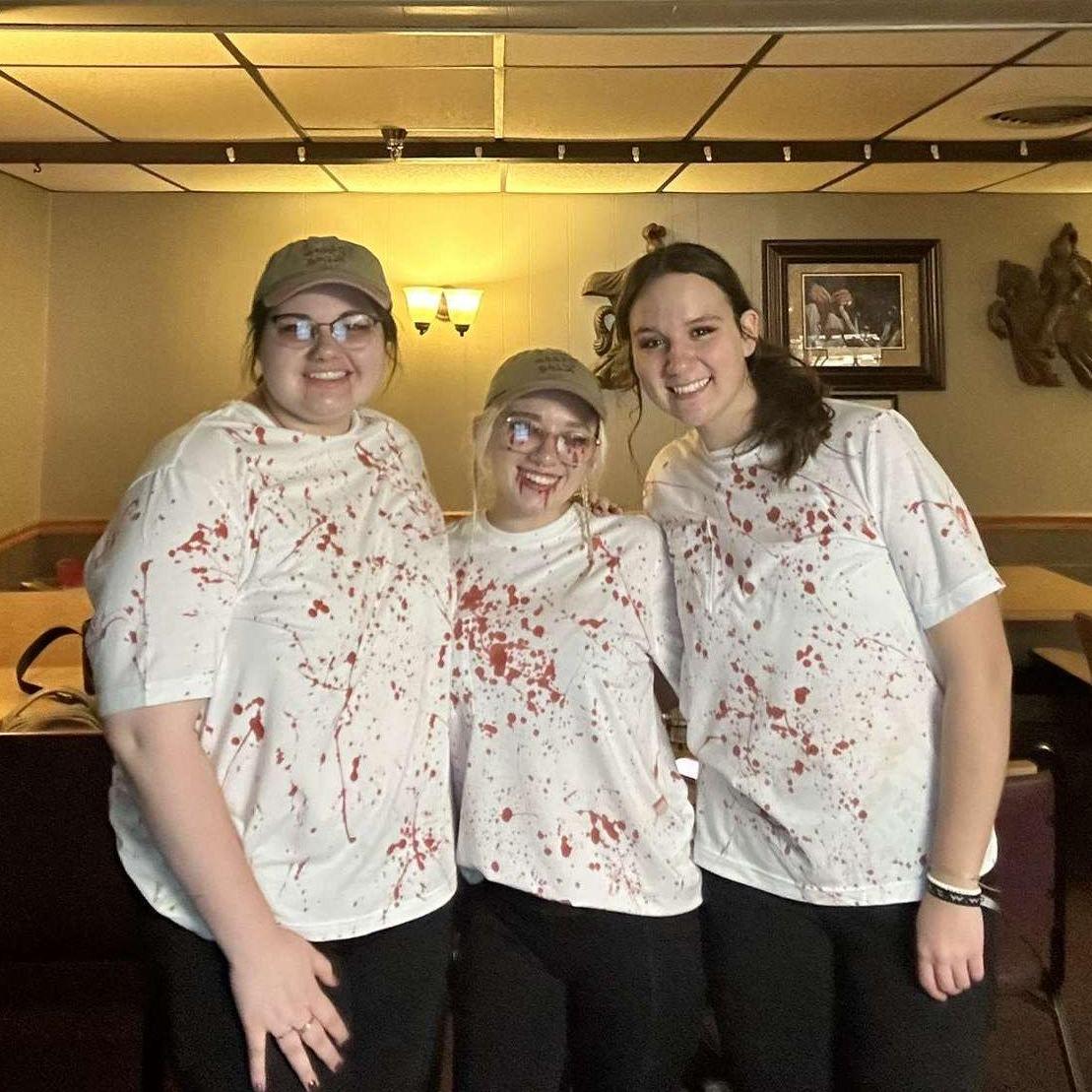 Alli, Syd, and Jenna at Pizza King on Halloween