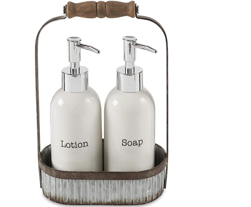 Mud Pie Farmhouse Inspired Lotion Caddy Soap Pump Set, White