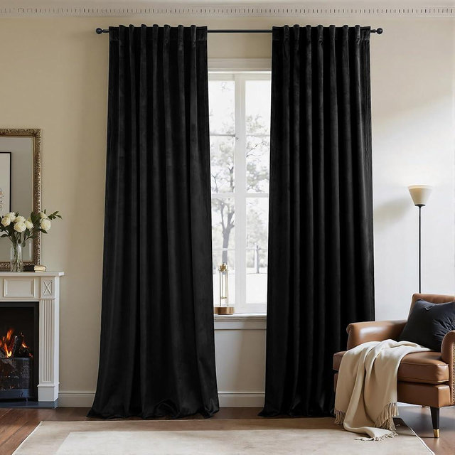 Black Velvet Curtains for Living Room 84 Inch Length 2 Panel Back Tab Pocket Thick Luxury Living Room Darkening Light Blocking Thermal Insulated Black Out Long Drape for Bedroom Halloween Gothic Decor