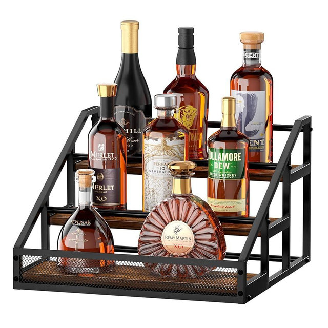B4Life 3-Tier Liquor Bottle Display Shelf for Whiskey and Spirits - Retro Bar Shelves